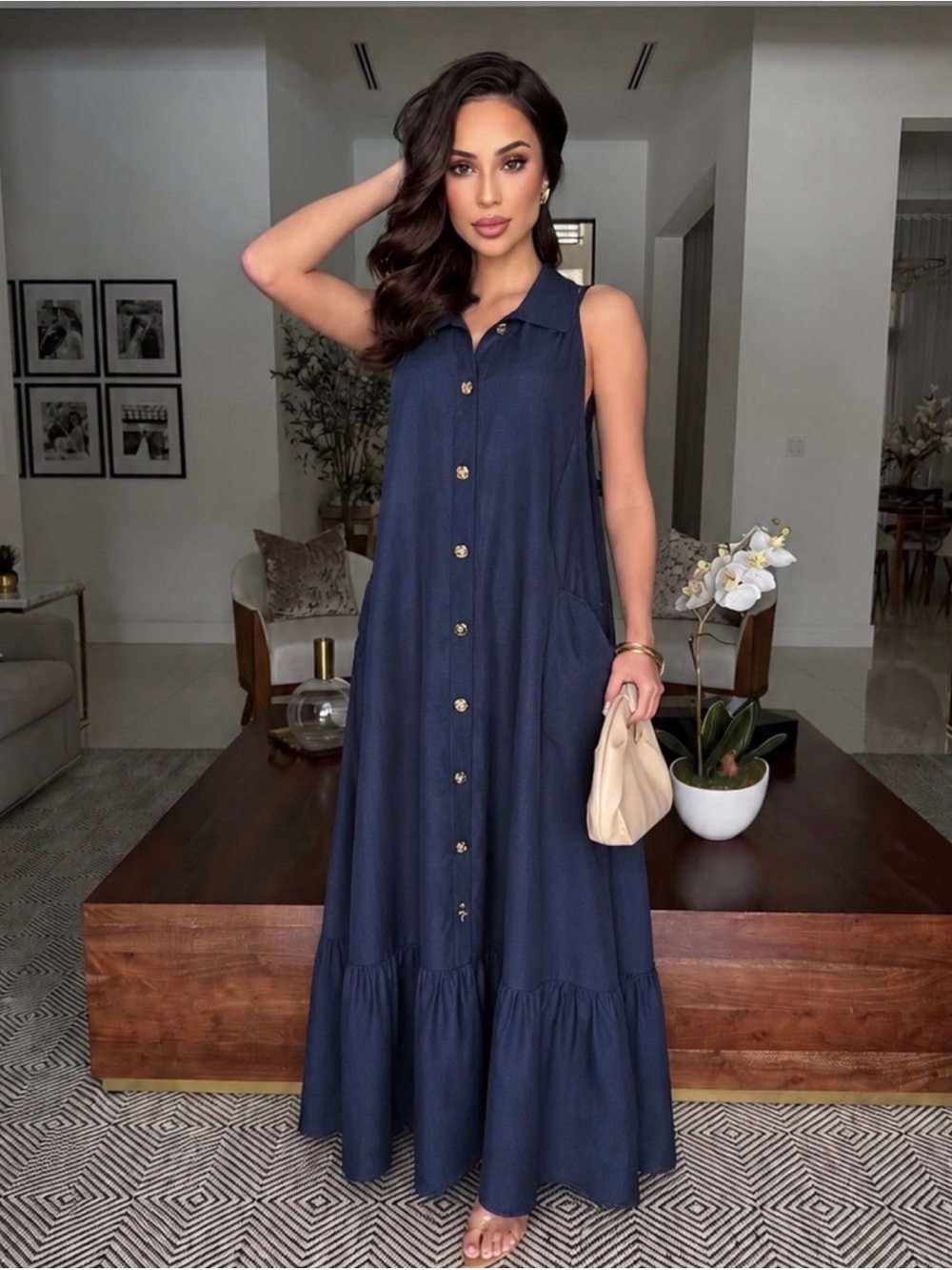 NWT Sleeveless Navy Button-Front Maxi Dress with Pockets | Summer Chic Outfit